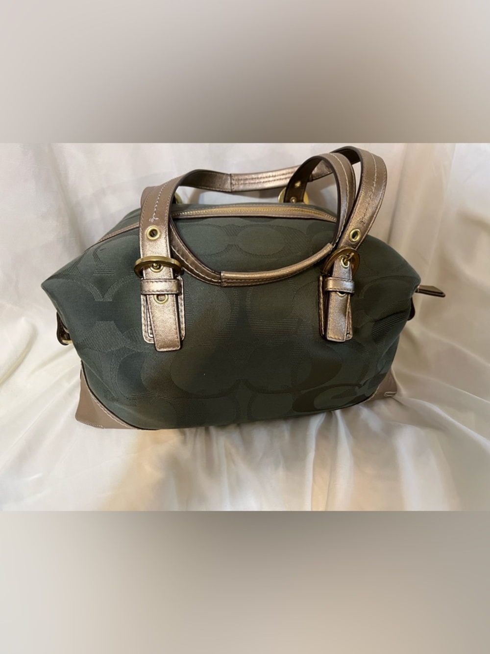 Coach Olive Green Signature Satchel Handbag with Metallic Trim